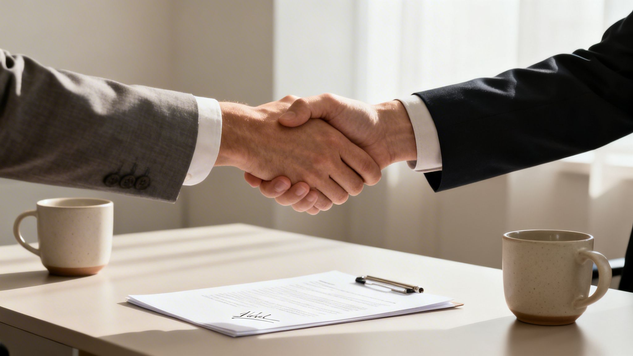 Two businessmen shaking hands over a table with a signed document and coffee mugs.