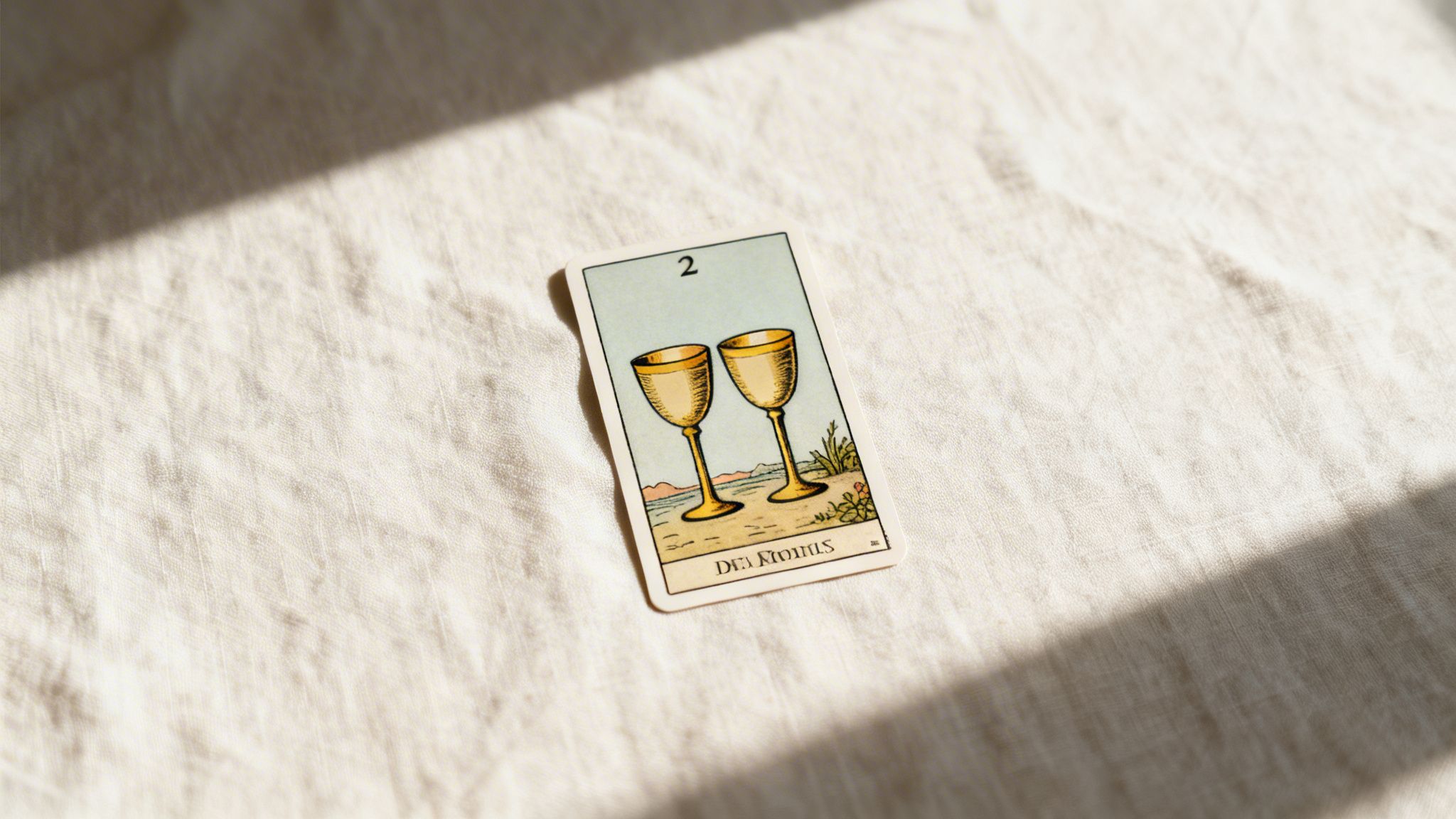 Close-up of the Two of Cups tarot card on a textured fabric illuminated by sunlight and shadow.