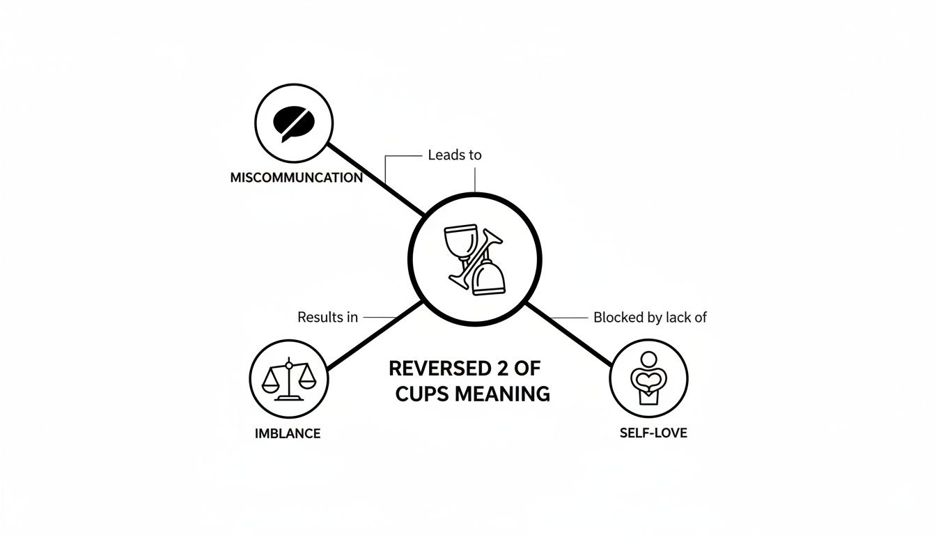 A diagram explaining the reversed 2 of cups meaning, linking miscommunication, imbalance, and lack of self-love.