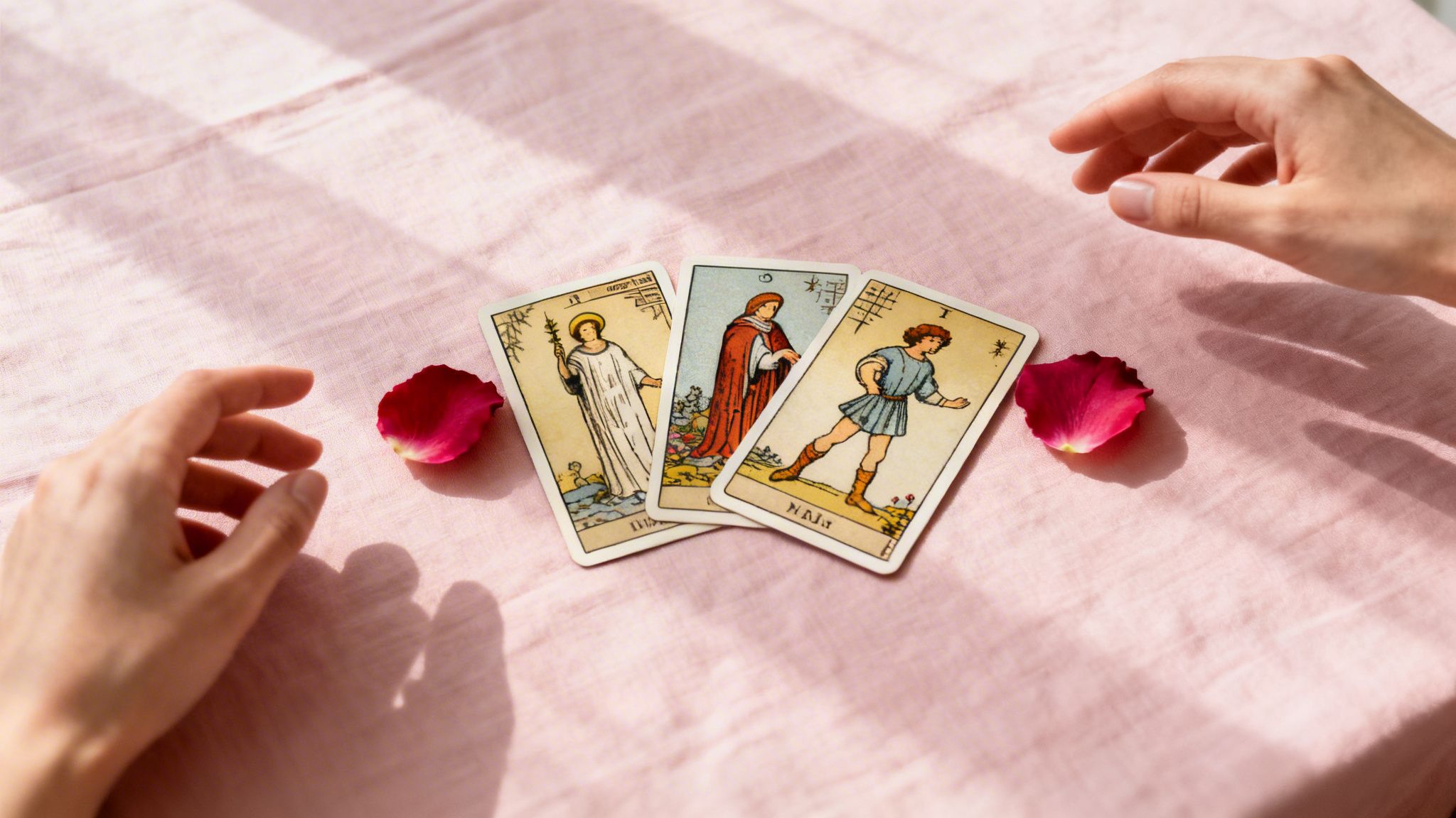 Three tarot cards with two hands and red rose petals on a light pink tablecloth under natural light.