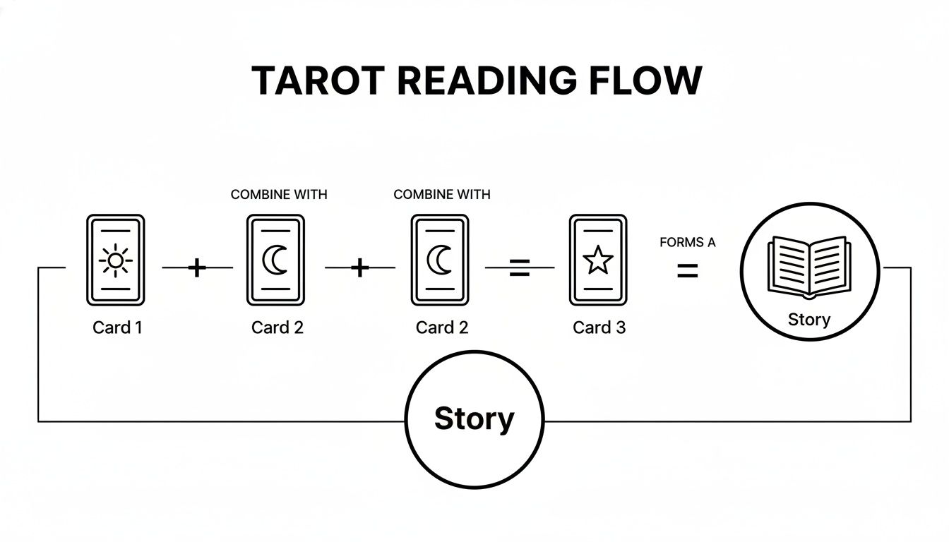 Flowchart illustrating the process of combining three tarot cards (sun, moon, star) to form a story.