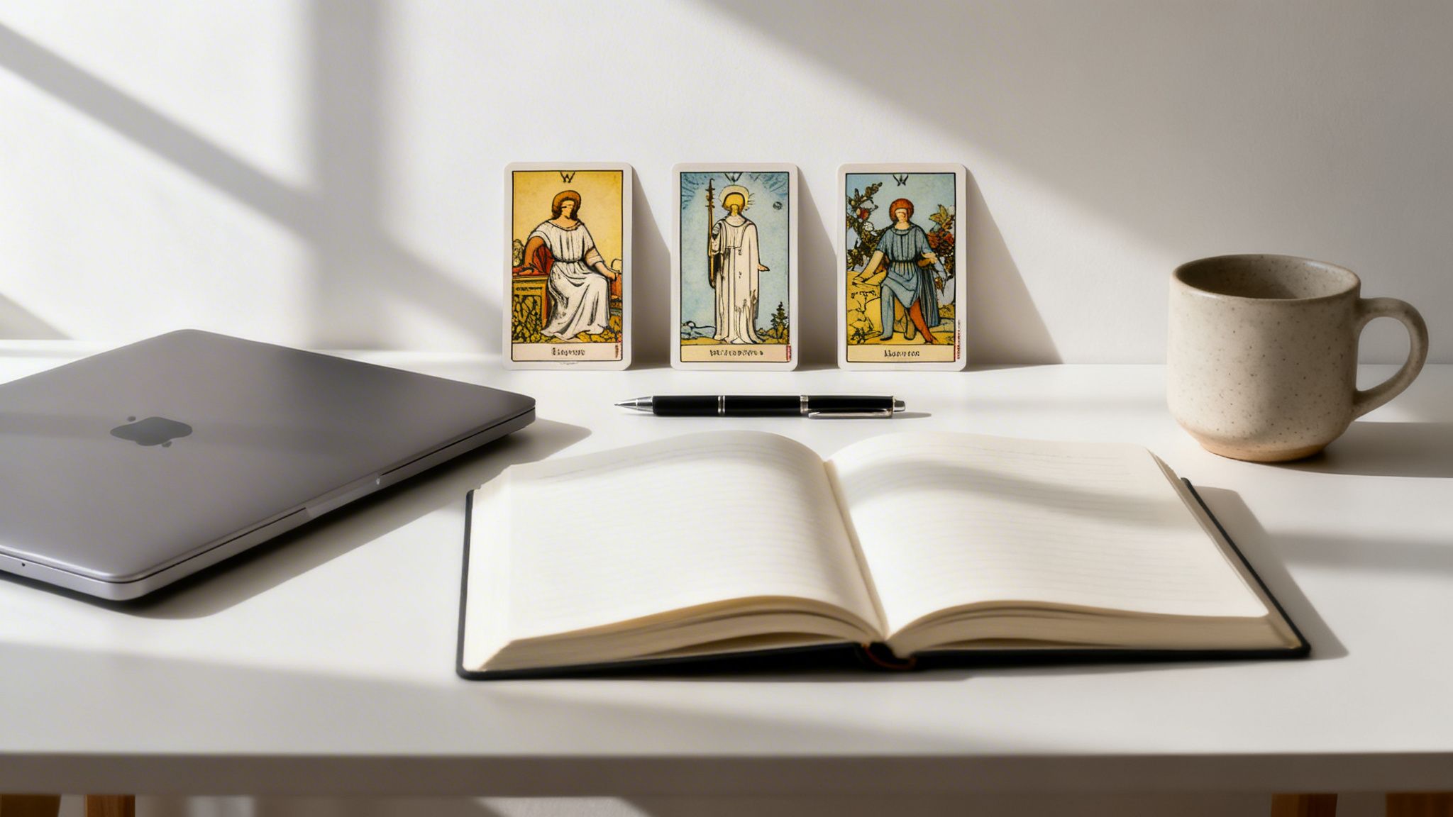 A modern desk workspace with a laptop, three tarot cards, a pen, an open notebook, and a coffee mug under sunlight.