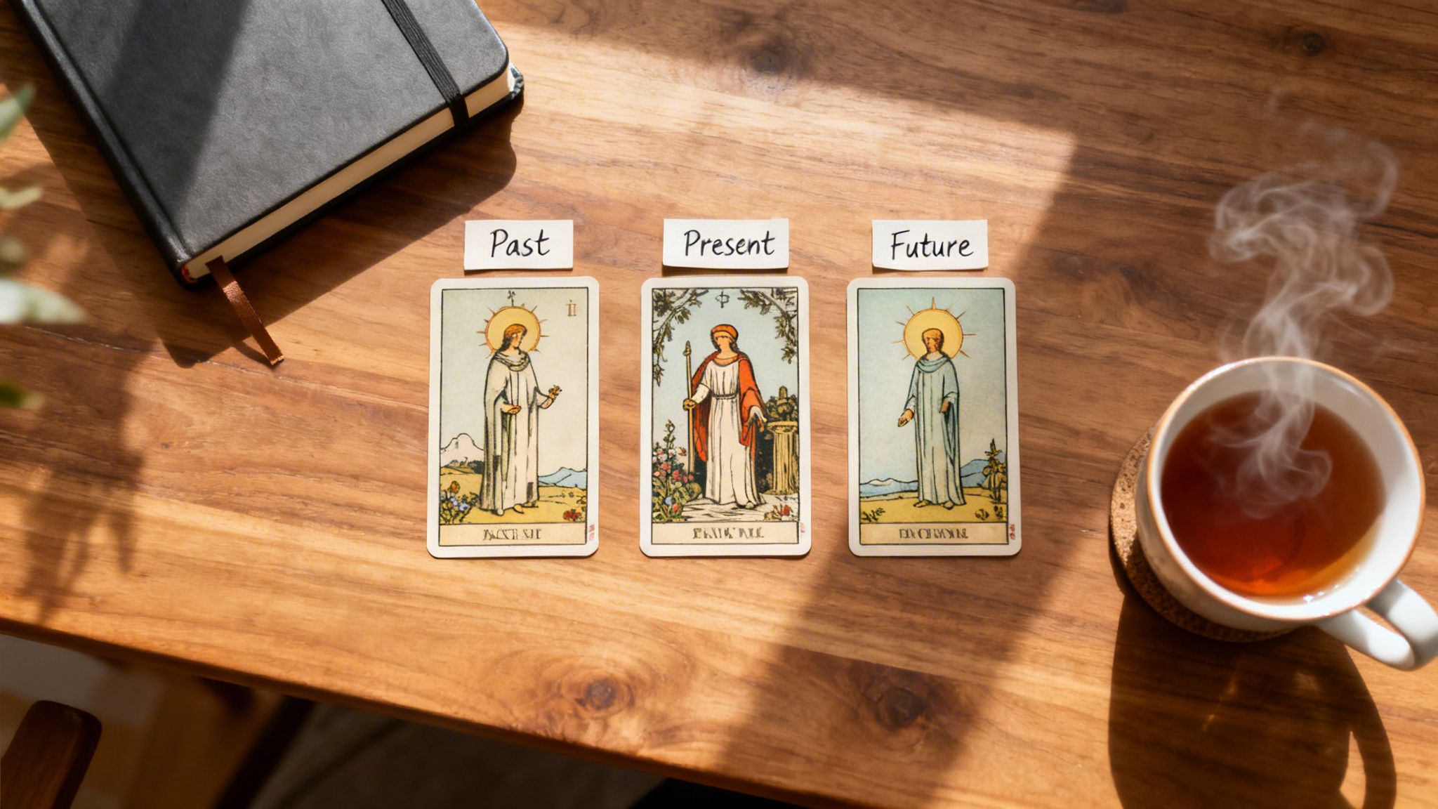 Tarot card reading with Past, Present, Future spread, a notebook, and steaming tea on wood.