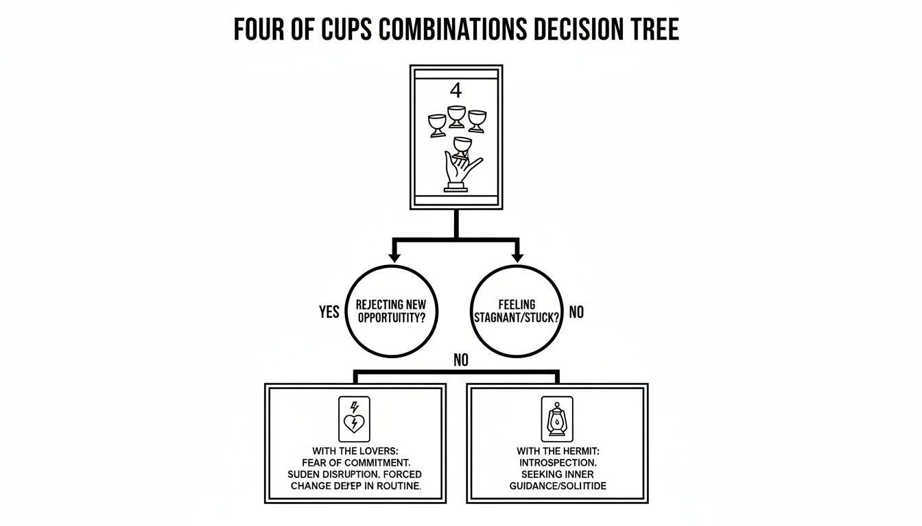 A decision tree for the Four of Cups tarot card, showing combinations with The Lovers and The Hermit.