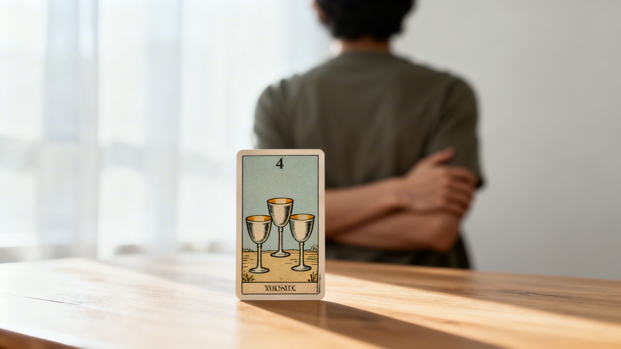 A 4 of Cups tarot card on a wooden table with a person in the blurry background.