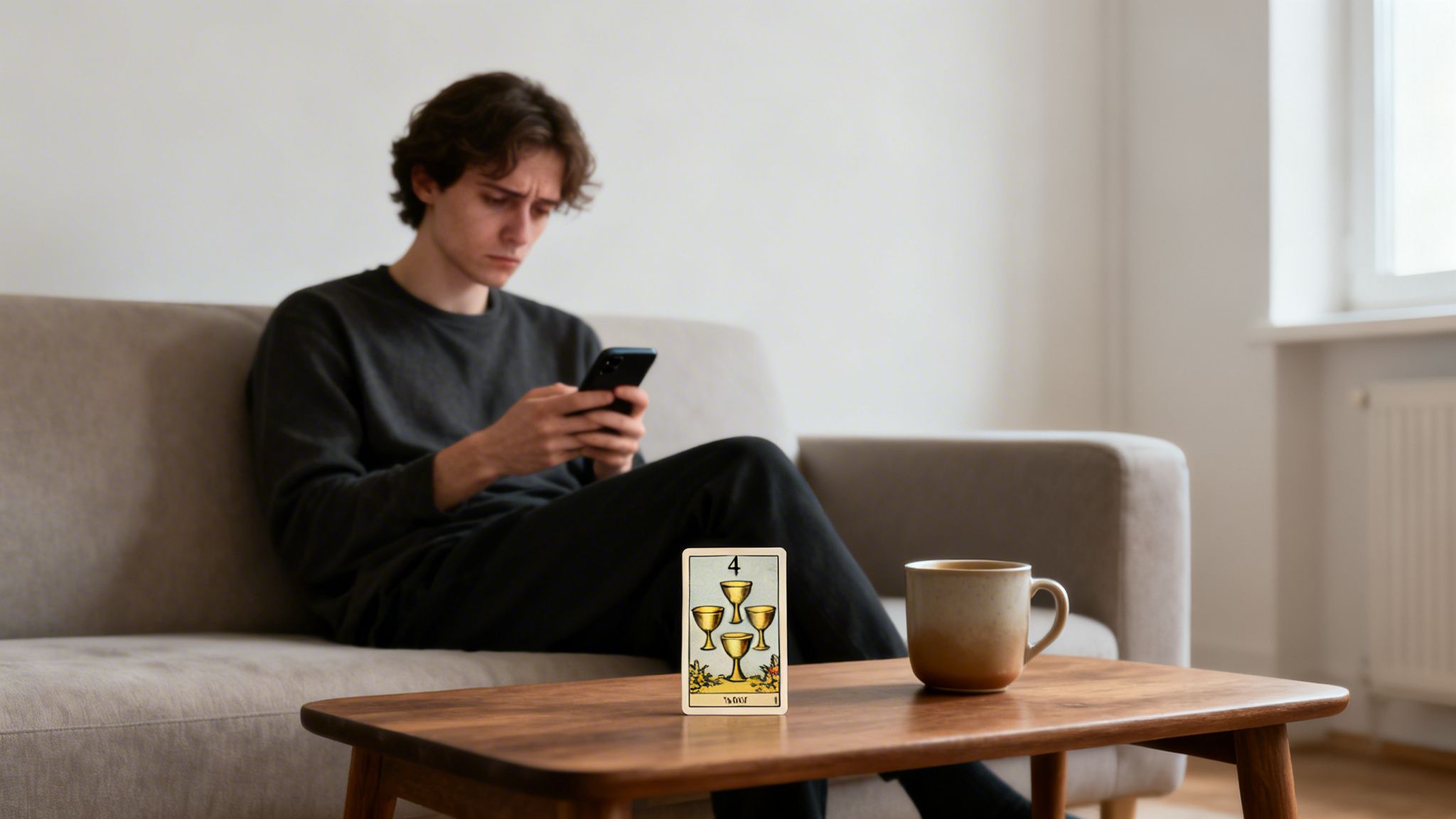 A person on a couch looks at their phone, near a Four of Cups tarot card and mug.