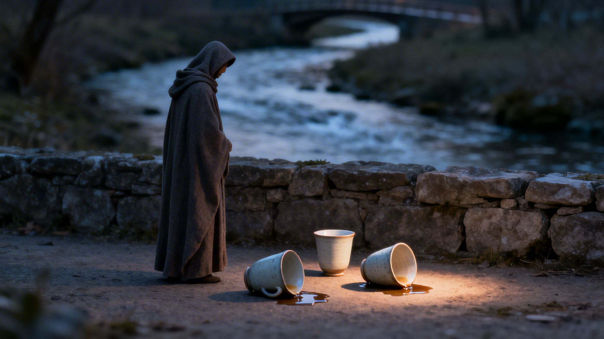 A robed figure looks at three spilled cups, one glowing, beside a flowing river.