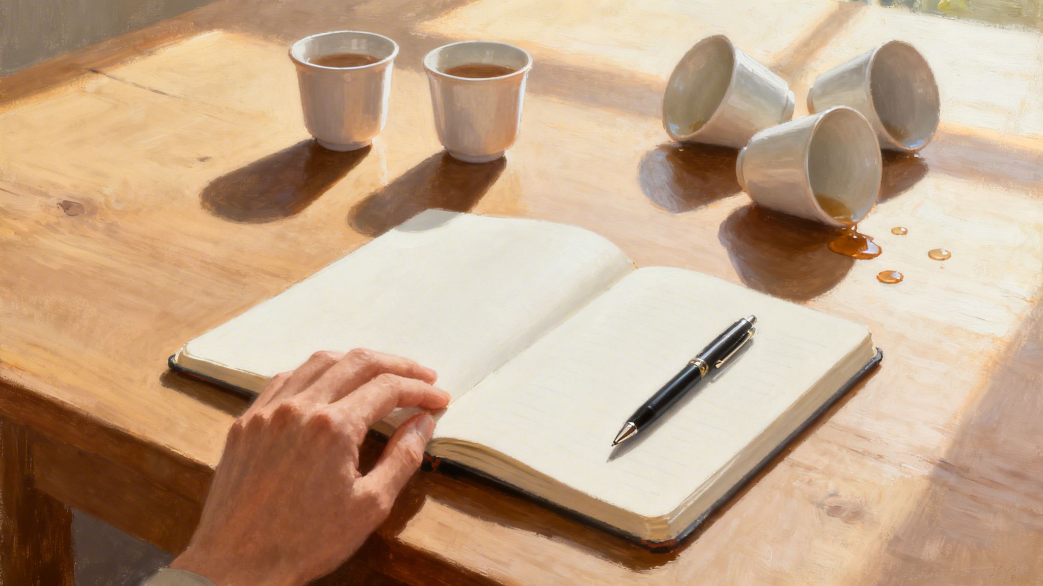 Sunlit wooden table with open journal, pen, a hand, two upright cups, and three overturned cups with spilled tea.