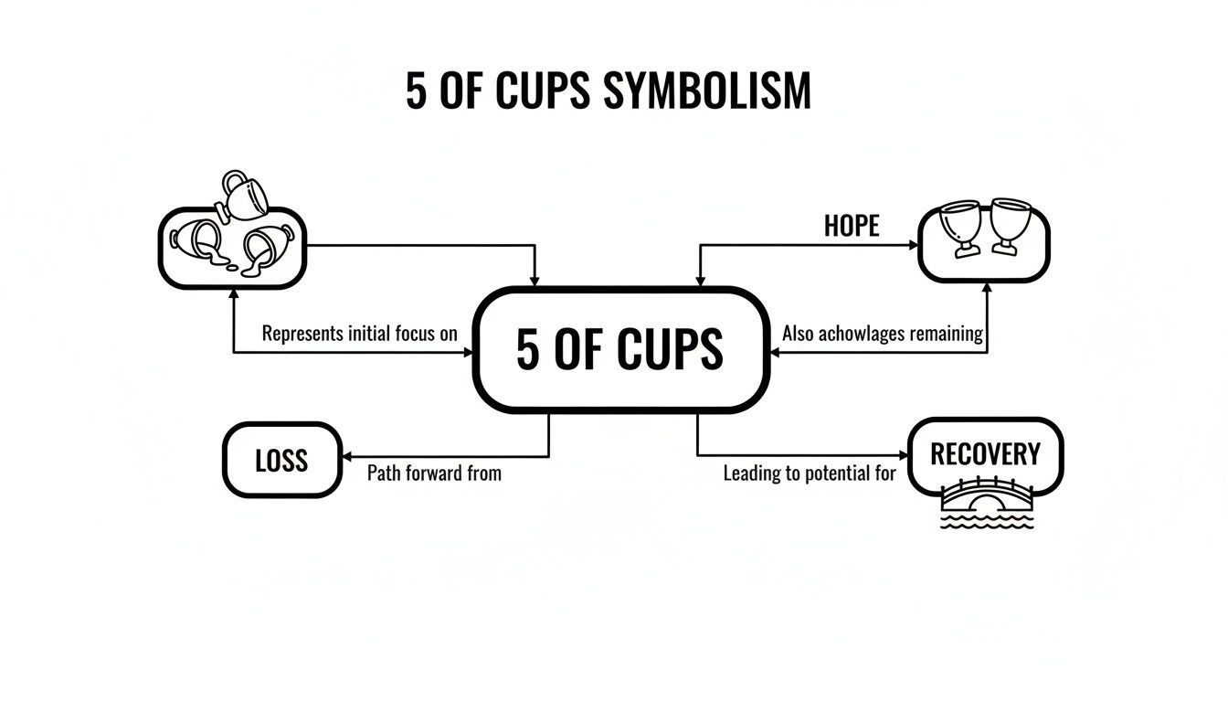 A detailed diagram explaining the symbolism of the 5 of Cups tarot card, showing connections to loss, hope, and recovery.