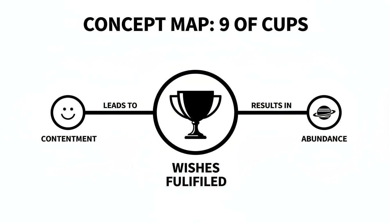 Concept map illustrating 9 of Cups meaning: contentment leads to wishes fulfilled, resulting in abundance.