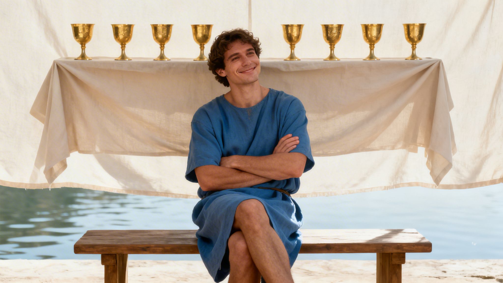 A smiling man in a blue tunic sits on a bench, with nine golden cups on a table and water behind him.