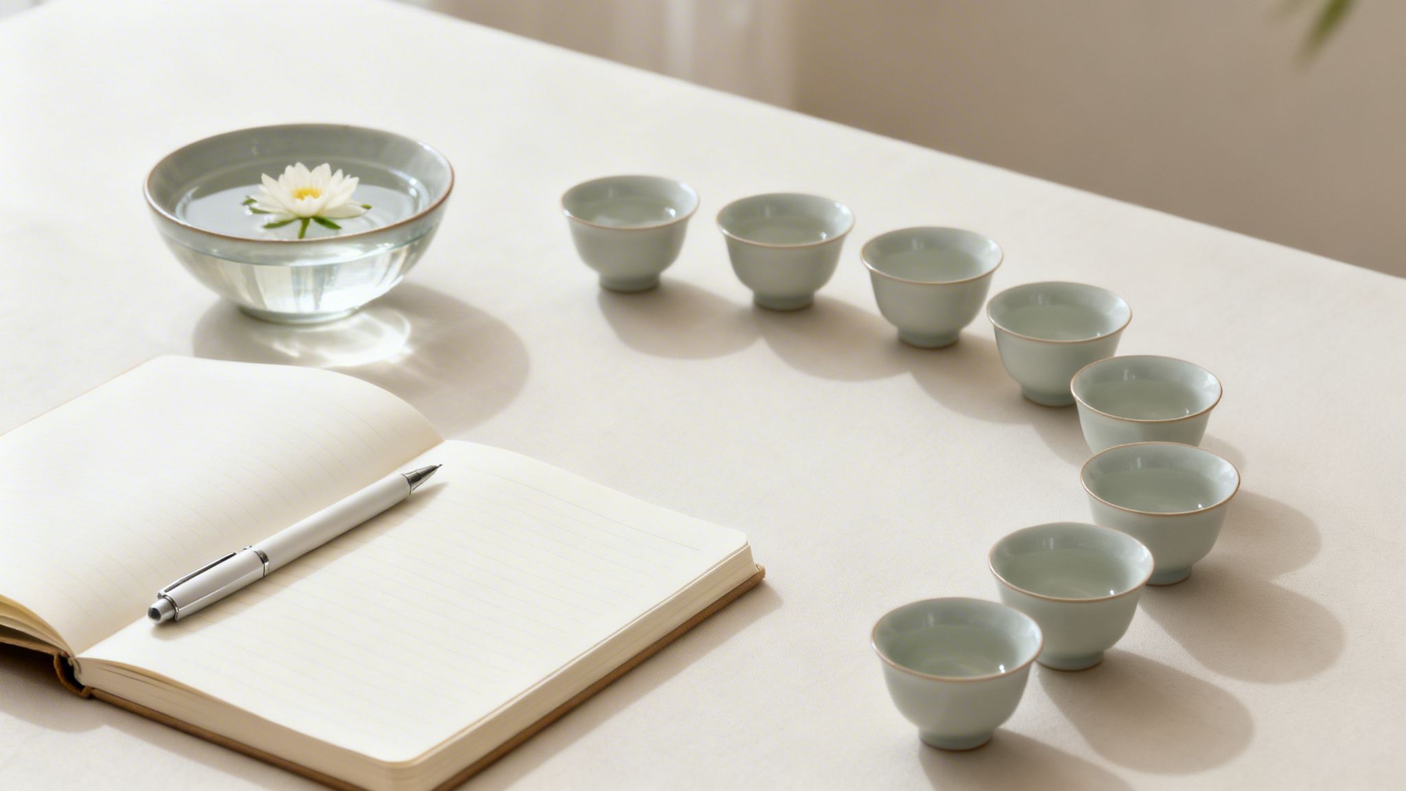 A white lotus flower floats in a water bowl next to an open notebook and ten teal cups.