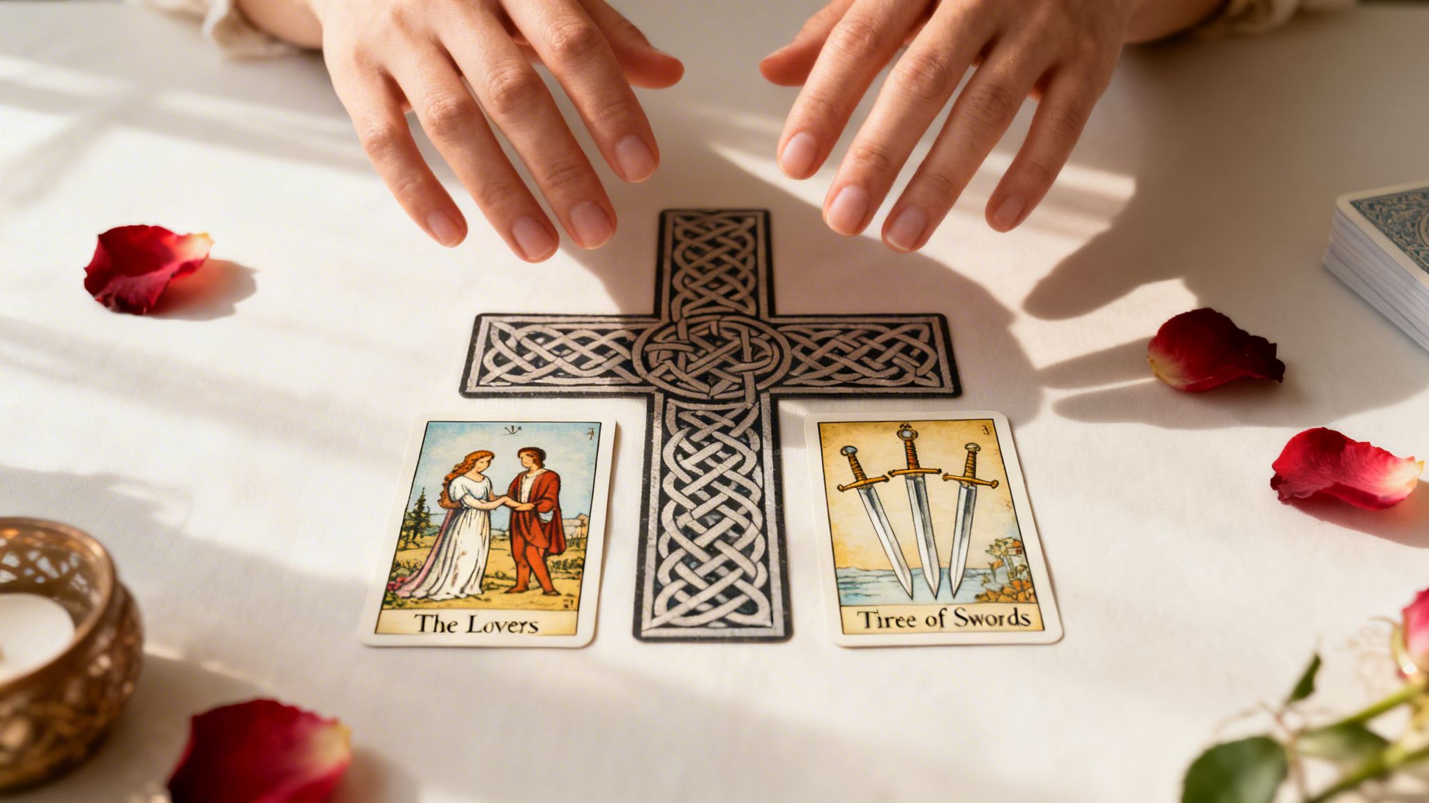Hands hover over a Celtic cross spread with 'The Lovers' and 'Three of Swords' tarot cards, rose petals, and a candle.