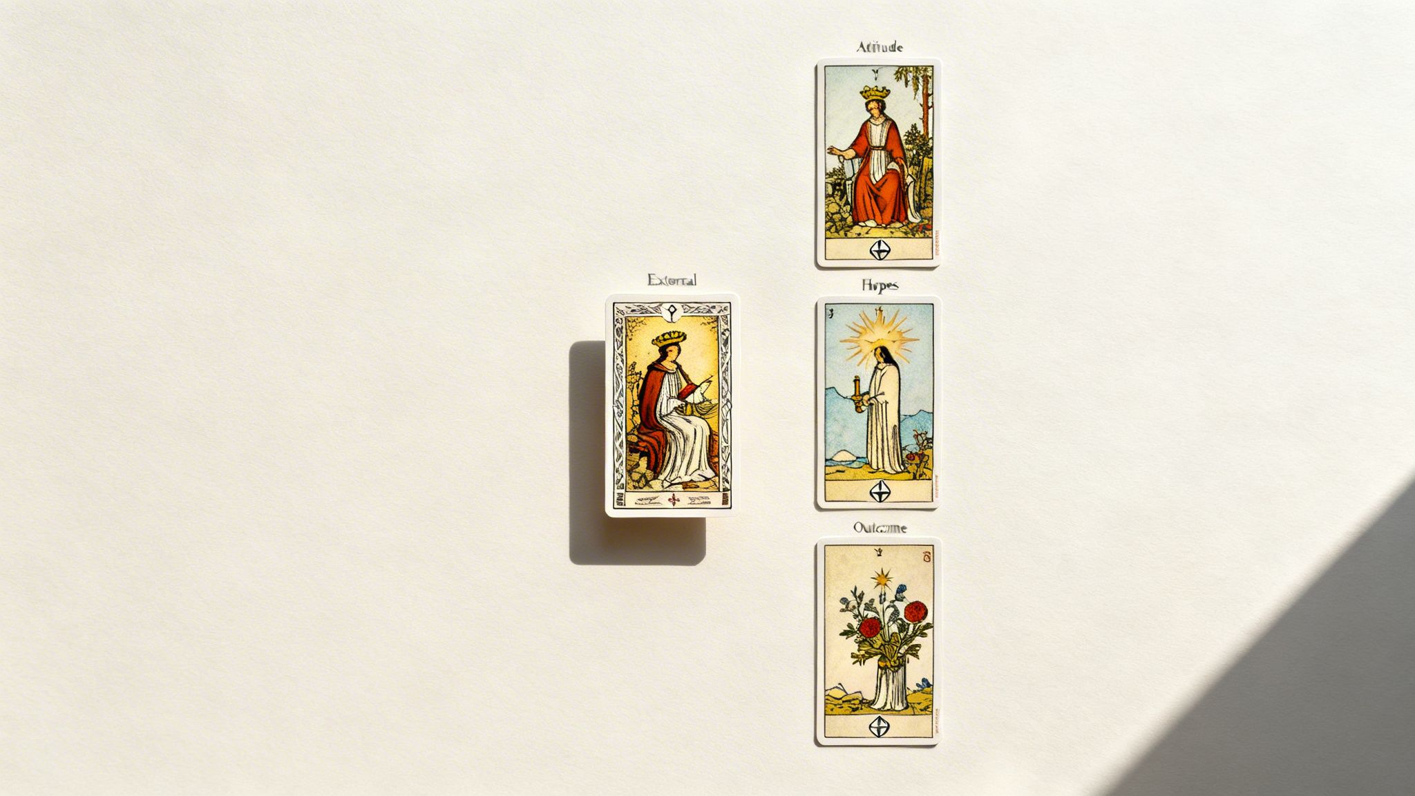 Four tarot cards laid out for a Celtic Cross reading, showing Attitude, External, Hopes, and Outcome.