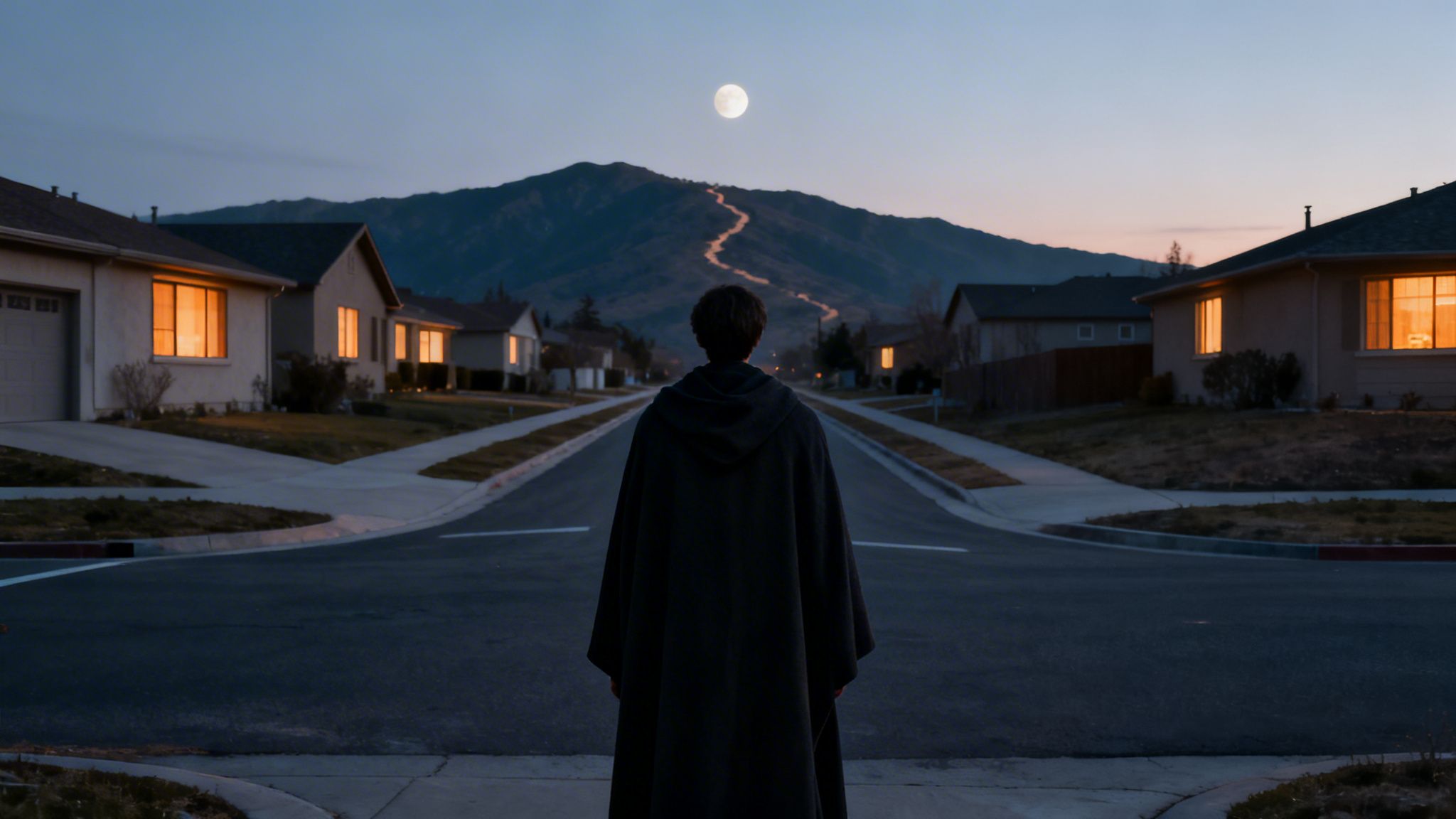 A person in a dark cloak stands on a suburban street at dusk, facing a moonlit mountain with a winding path.