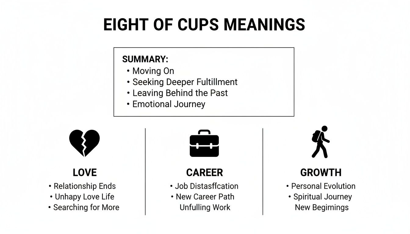 Infographic detailing Eight of Cups tarot card meanings: moving on, love, career, and growth themes.