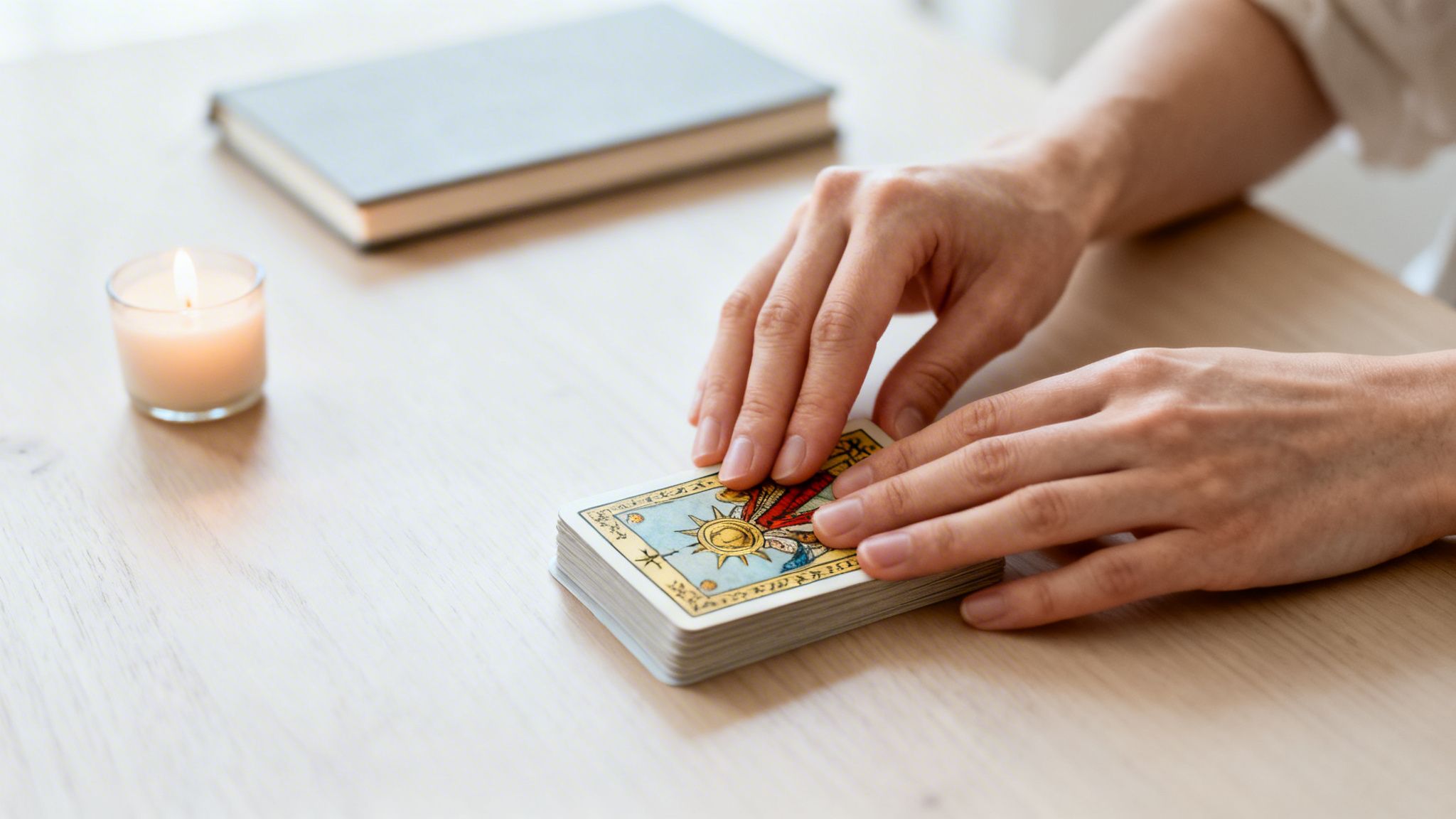 Close-up of hands holding a deck of tarot cards on a light wooden table next to a lit candle.