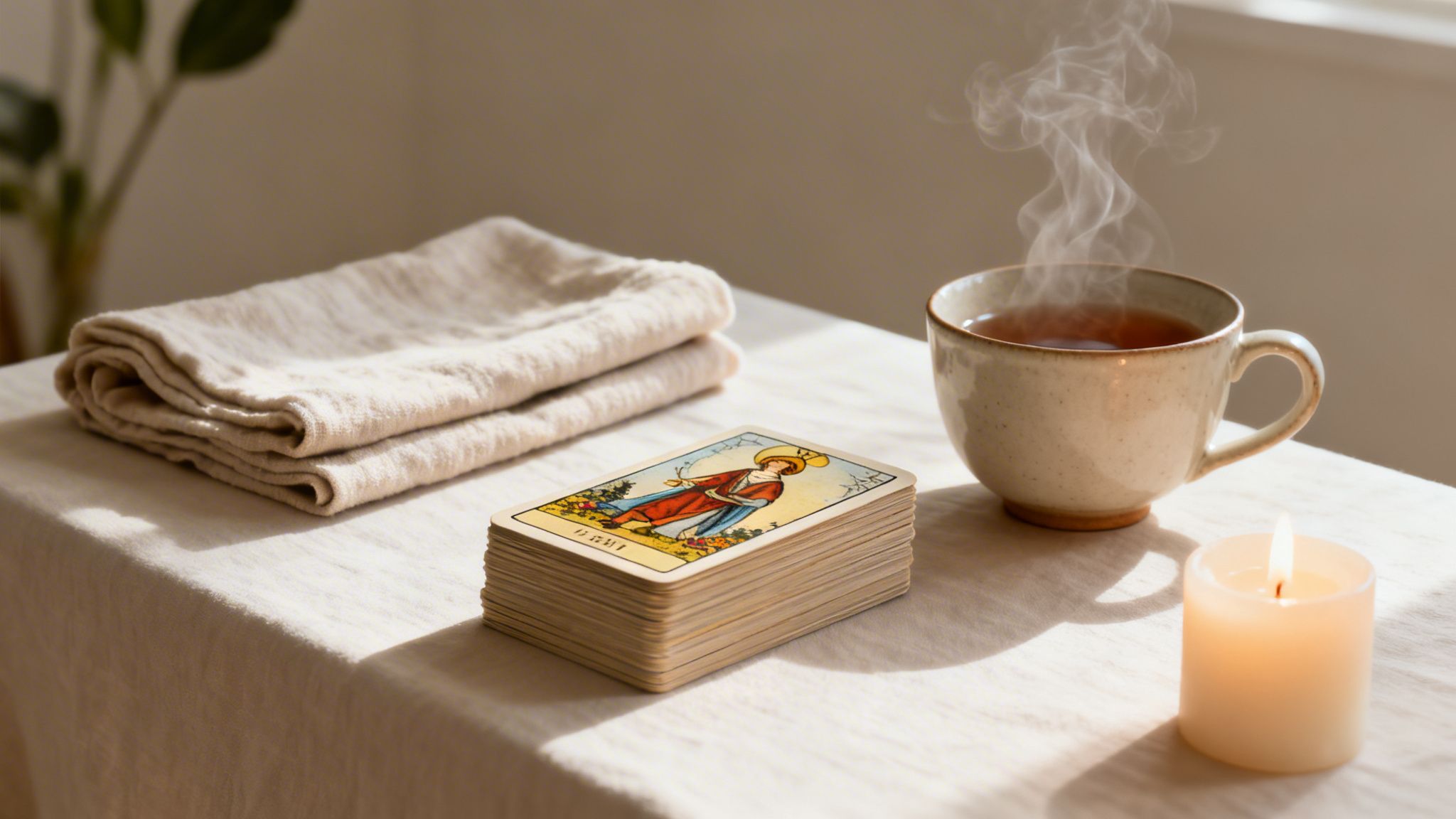 A cozy setup for a tarot reading with cards, a steaming tea cup, and a lit candle.