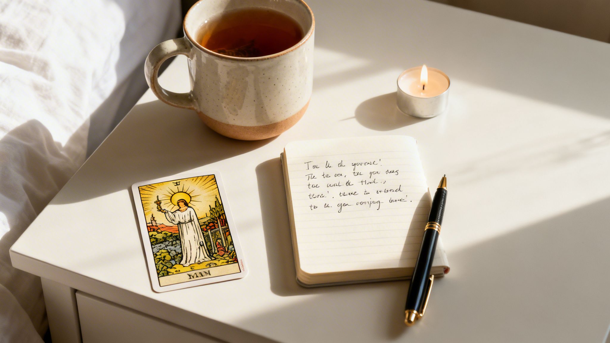 A calm tabletop scene with tea, candle, notebook, pen, and a tarot card under soft light.