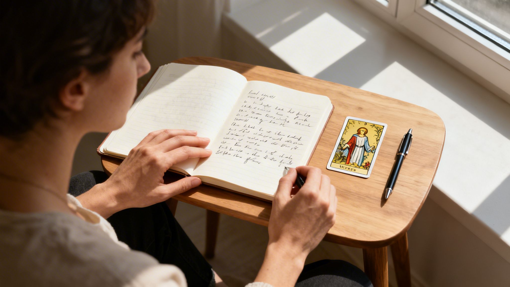 A person writes in a journal with a tarot card and pen on a sunlit wooden table.