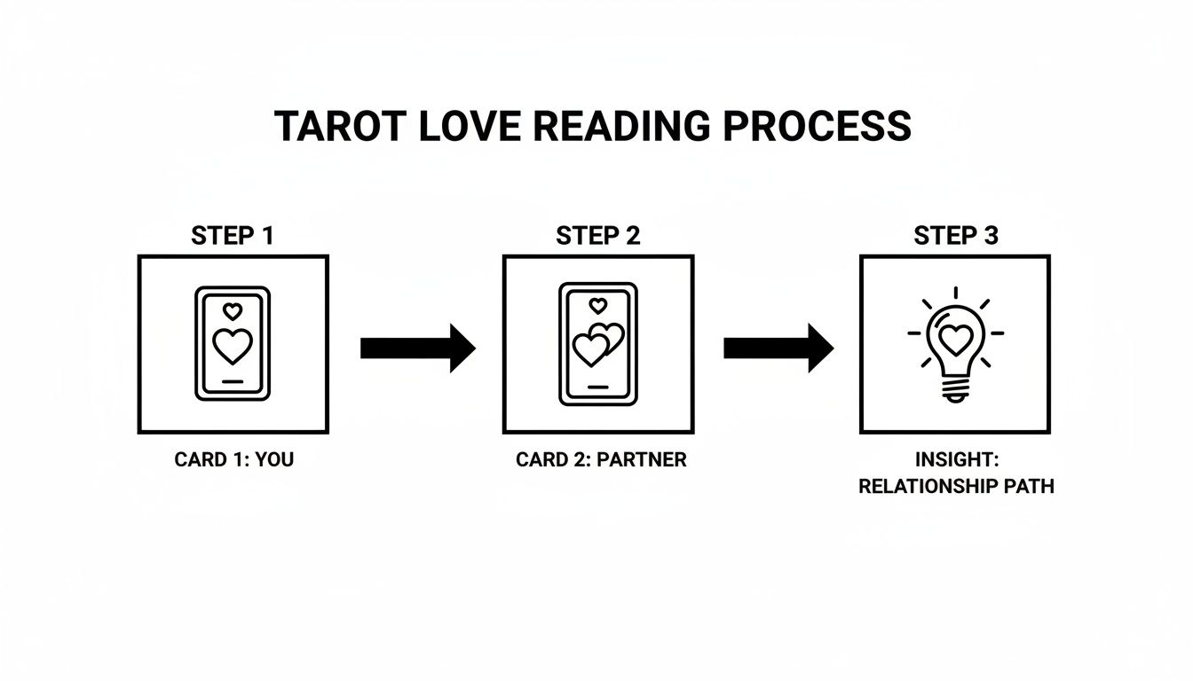 Diagram illustrating a three-step tarot love reading process for relationship insight.