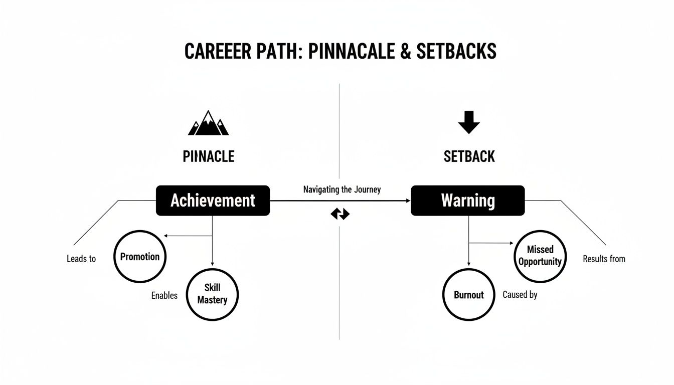Diagram illustrating a career path with pinnacles (achievement) leading to promotion and skill mastery, and setbacks (warning) caused by burnout or missed opportunities.