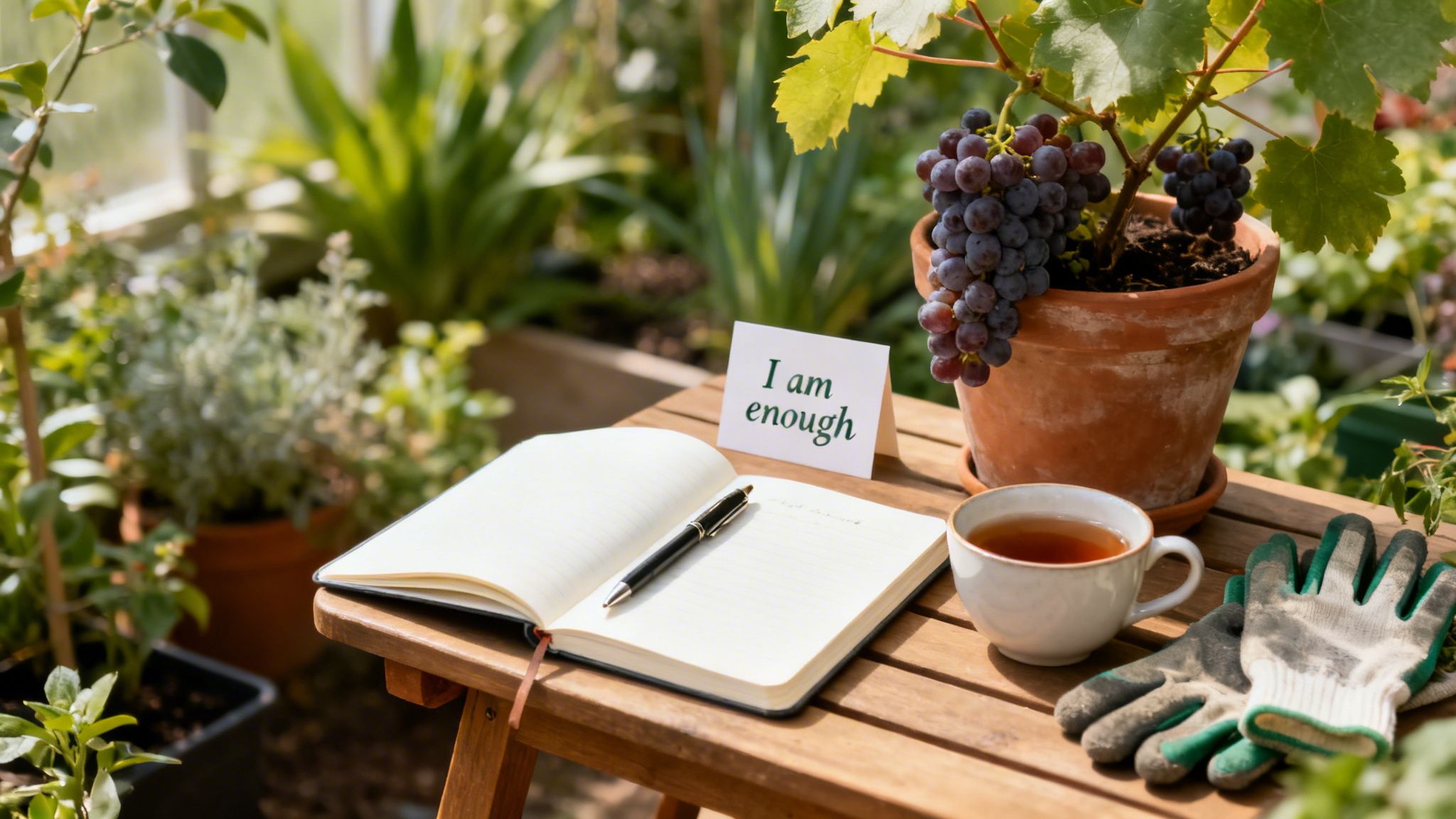 A peaceful outdoor setting with a notebook, 'I am enough' card, grapes, tea, and gardening gloves.