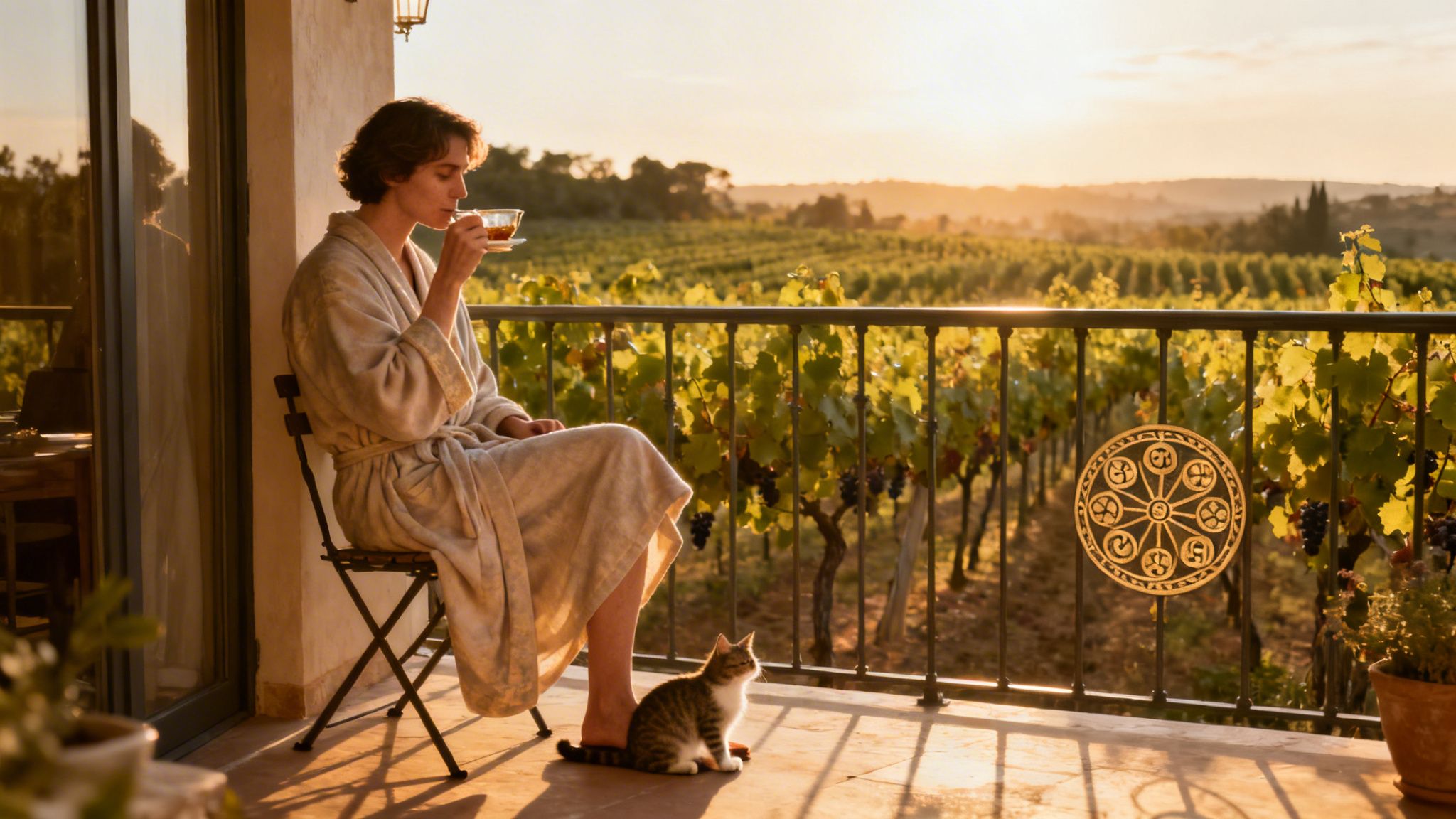 Person in bathrobe sips tea on a balcony with a cat, overlooking a vineyard at sunset.
