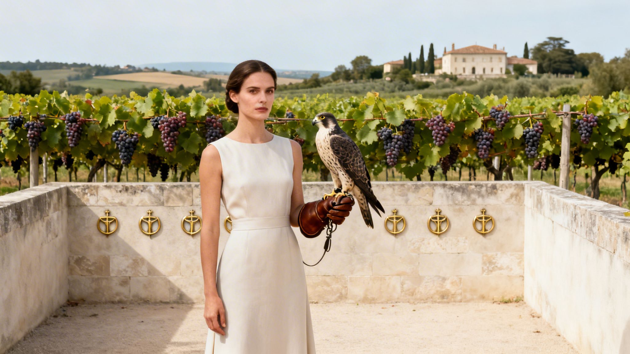 Elegant woman in a white dress holding a falcon on her gloved hand in a sunny vineyard.