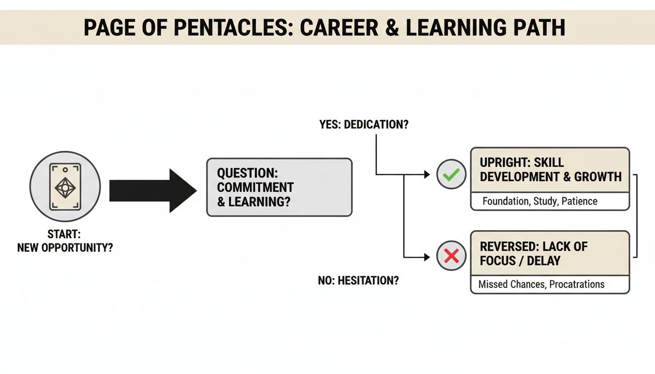 Flowchart for Page of Pentacles tarot card, detailing career and learning path decisions and outcomes.