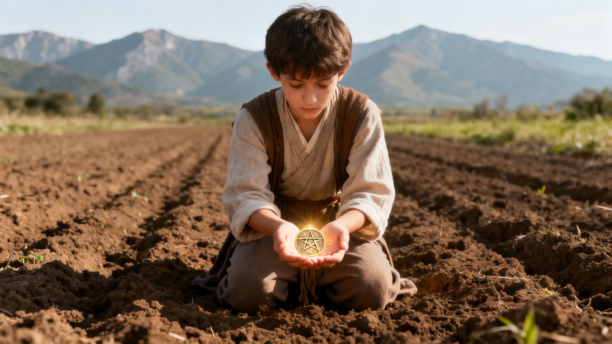 A young boy kneels in a field, holding a glowing golden coin with a pentagram symbol.