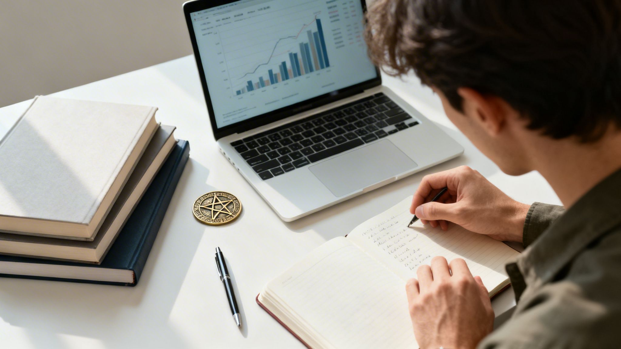 Overhead shot of a person writing in a notebook at a desk with a laptop, books, and pentacle.