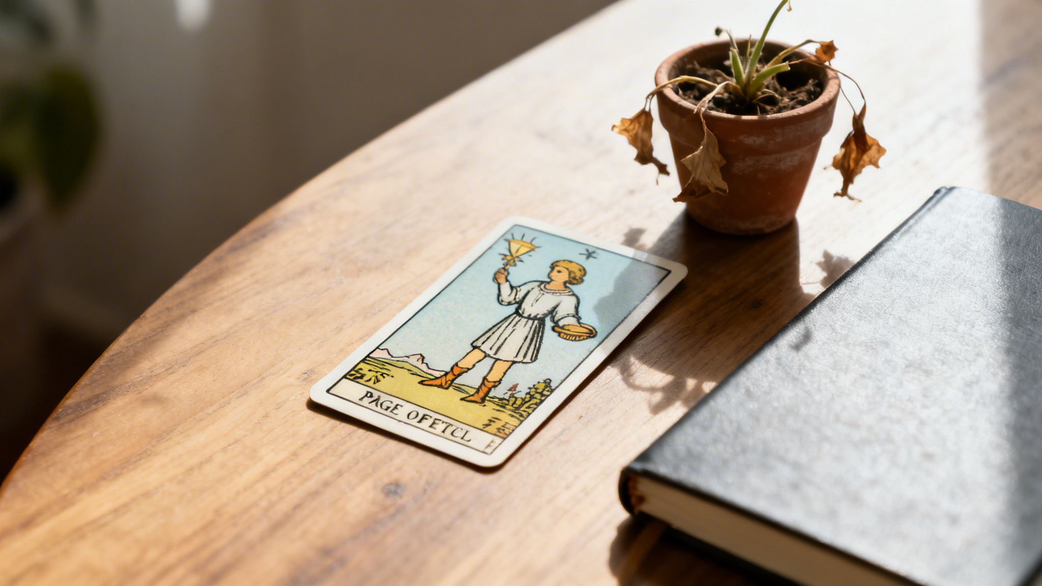 A Page of Pentacles tarot card, a dead plant, and a journal on a sunlit wooden table.