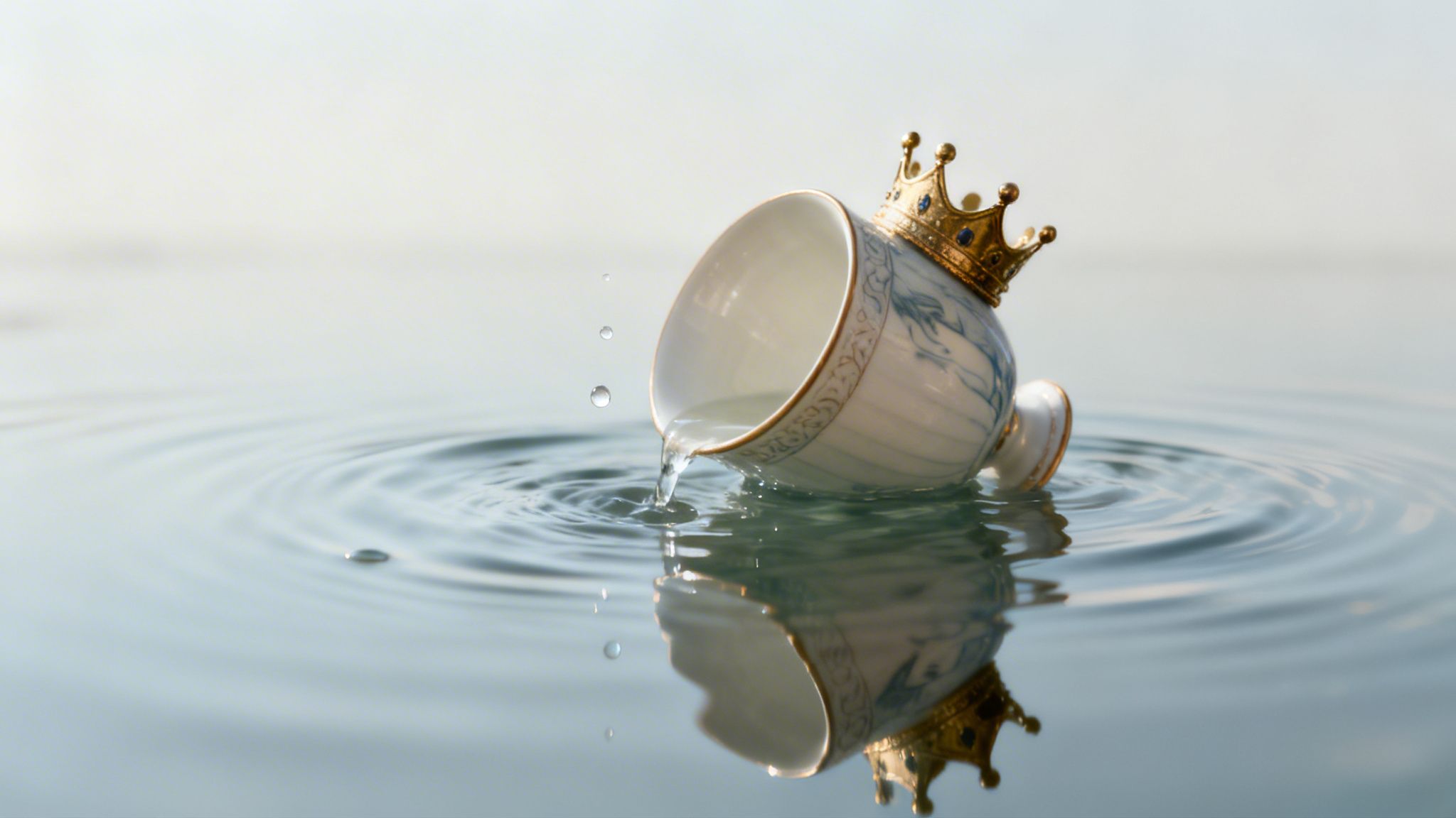 A porcelain teacup with a golden crown tilted in calm water, spilling water, creating ripples.