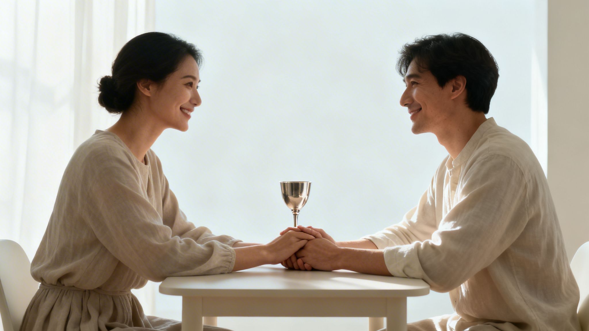 A smiling Asian couple holding hands over a table with a silver goblet, looking at each other lovingly.