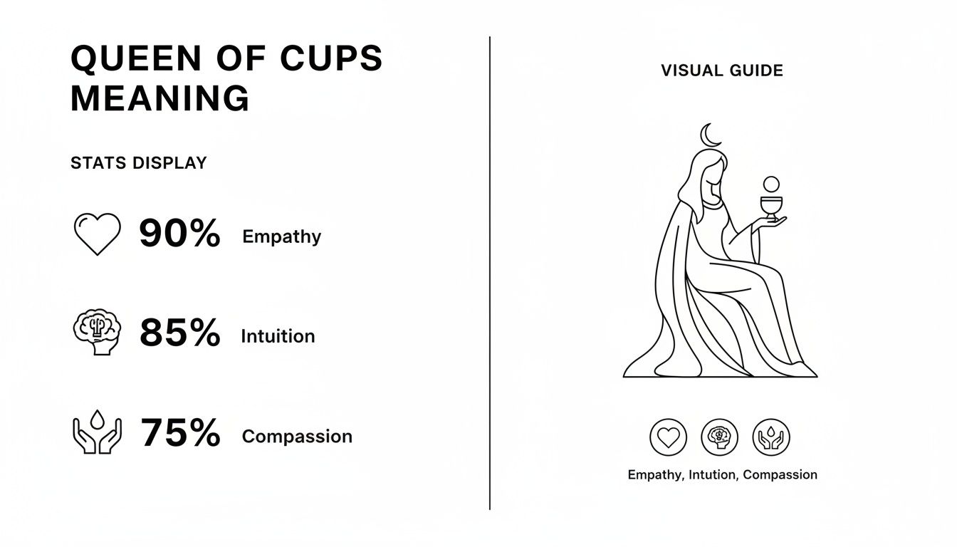 A guide for the Queen of Cups tarot card, showing stats for empathy, intuition, and compassion.