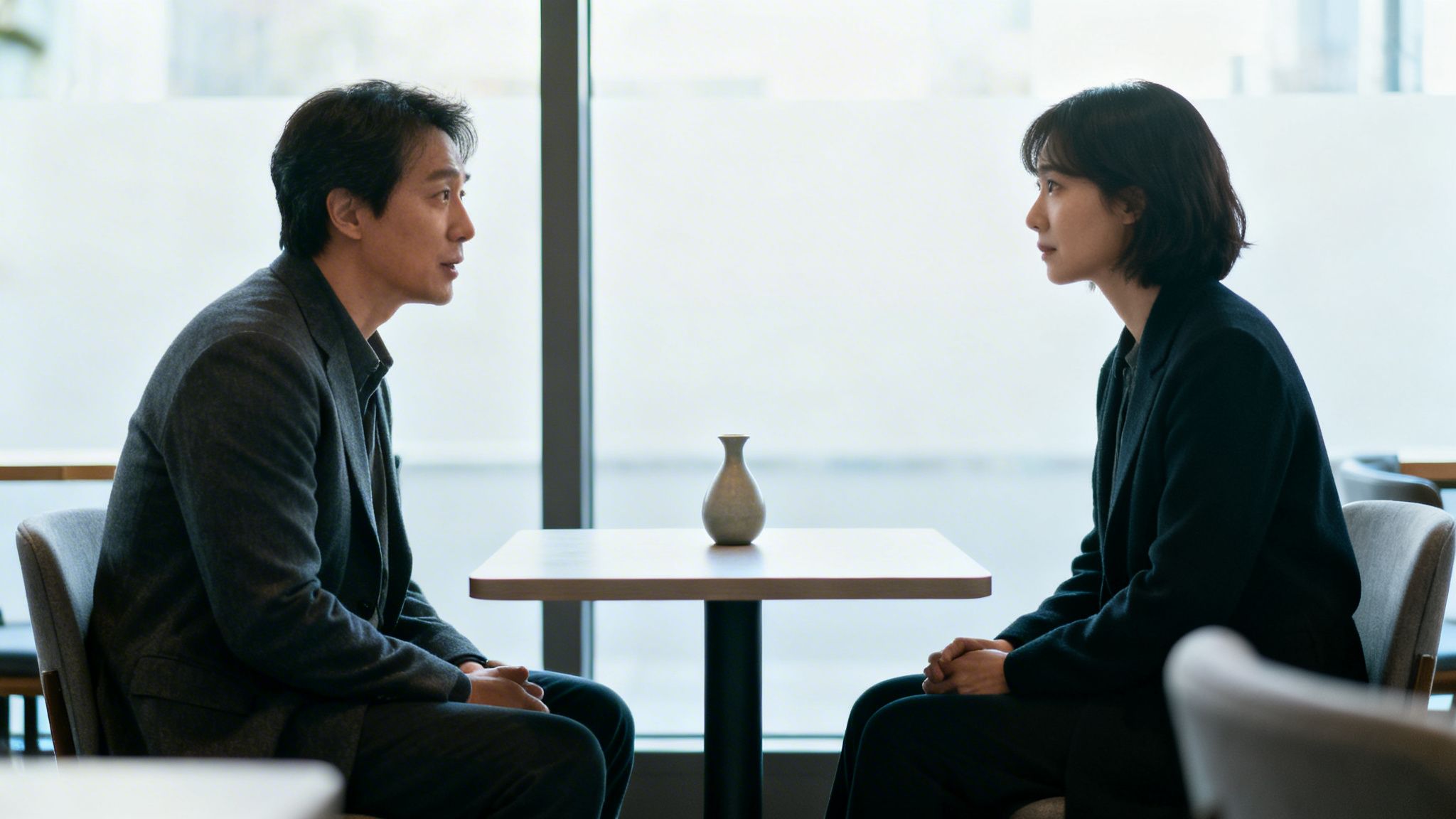 Two individuals, a man and a woman, sit facing each other at a table with a small vase.