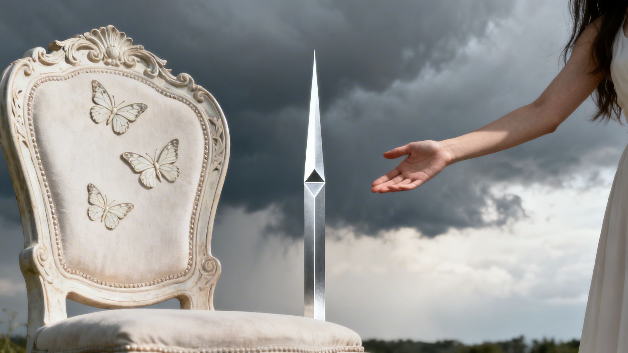 Ornate white chair with butterflies, a metallic spike, and a woman's arm reaching against a stormy sky.