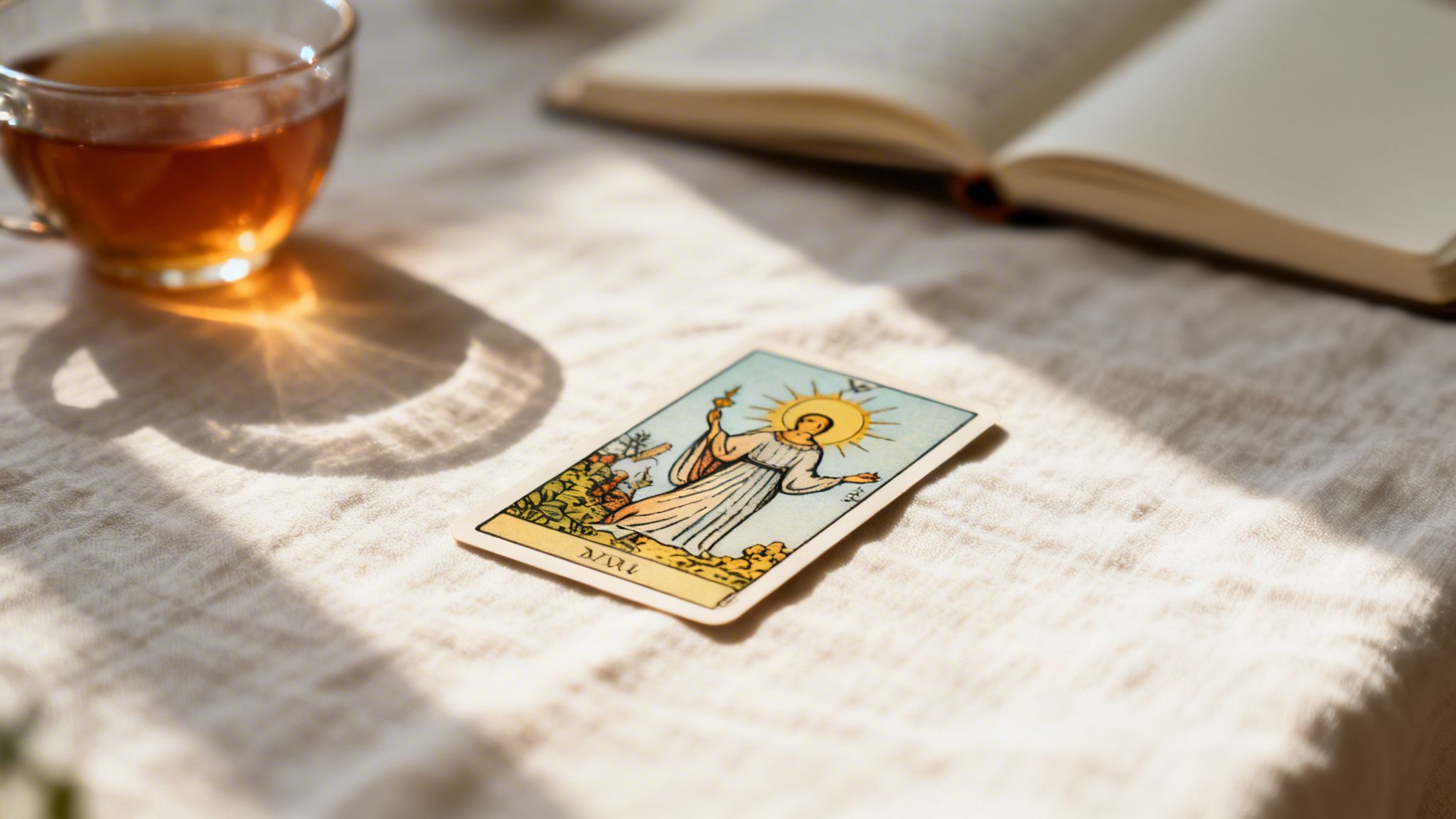 A tarot card showing The Sun, a cup of tea, and an open book on a sunlit table.
