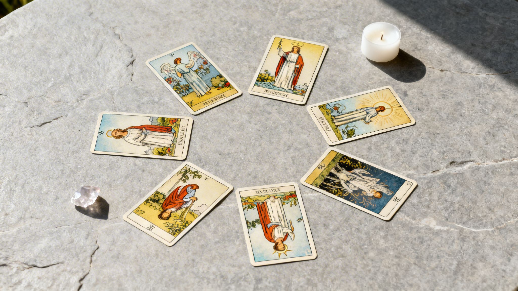 A circular tarot card spread laid out on a grey stone surface with a white candle and a clear crystal.