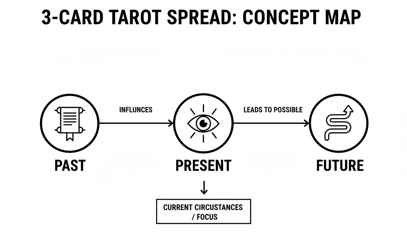 A 3-card tarot spread concept map illustrating past influences present, leading to future.