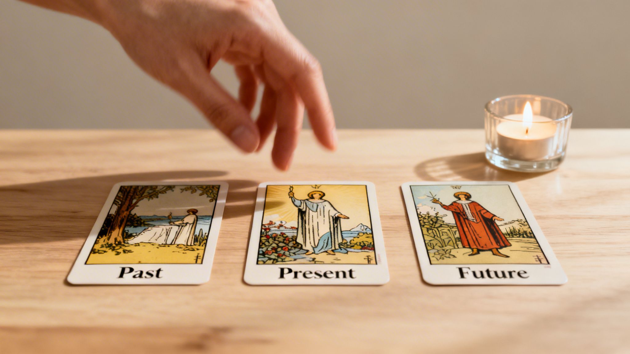 A person's hand reaches for three tarot cards labeled Past, Present, and Future, with a lit candle.