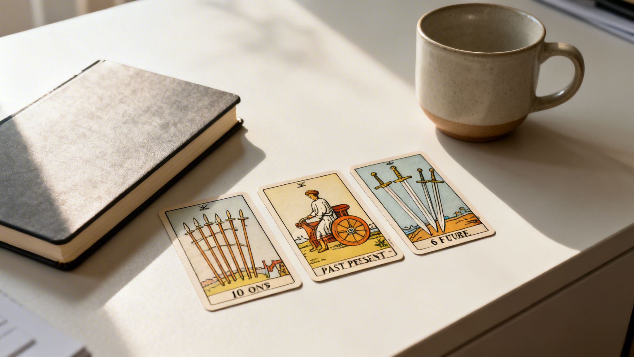 Tarot card spread of past, present, and future cards with a notebook and mug on a table.
