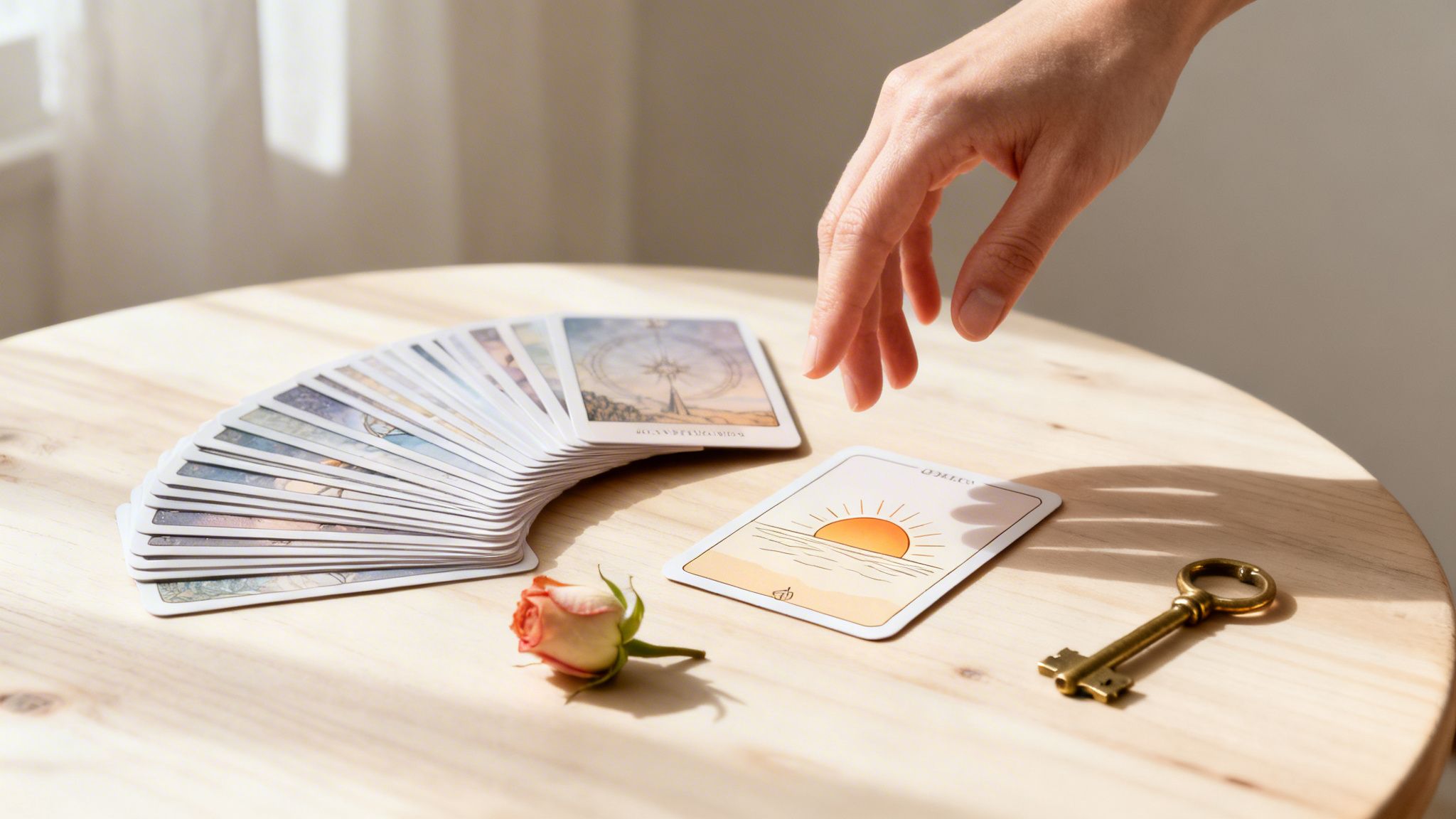 A person's hand reaches for a 'sun' oracle card, surrounded by other cards, a rose, and a key.