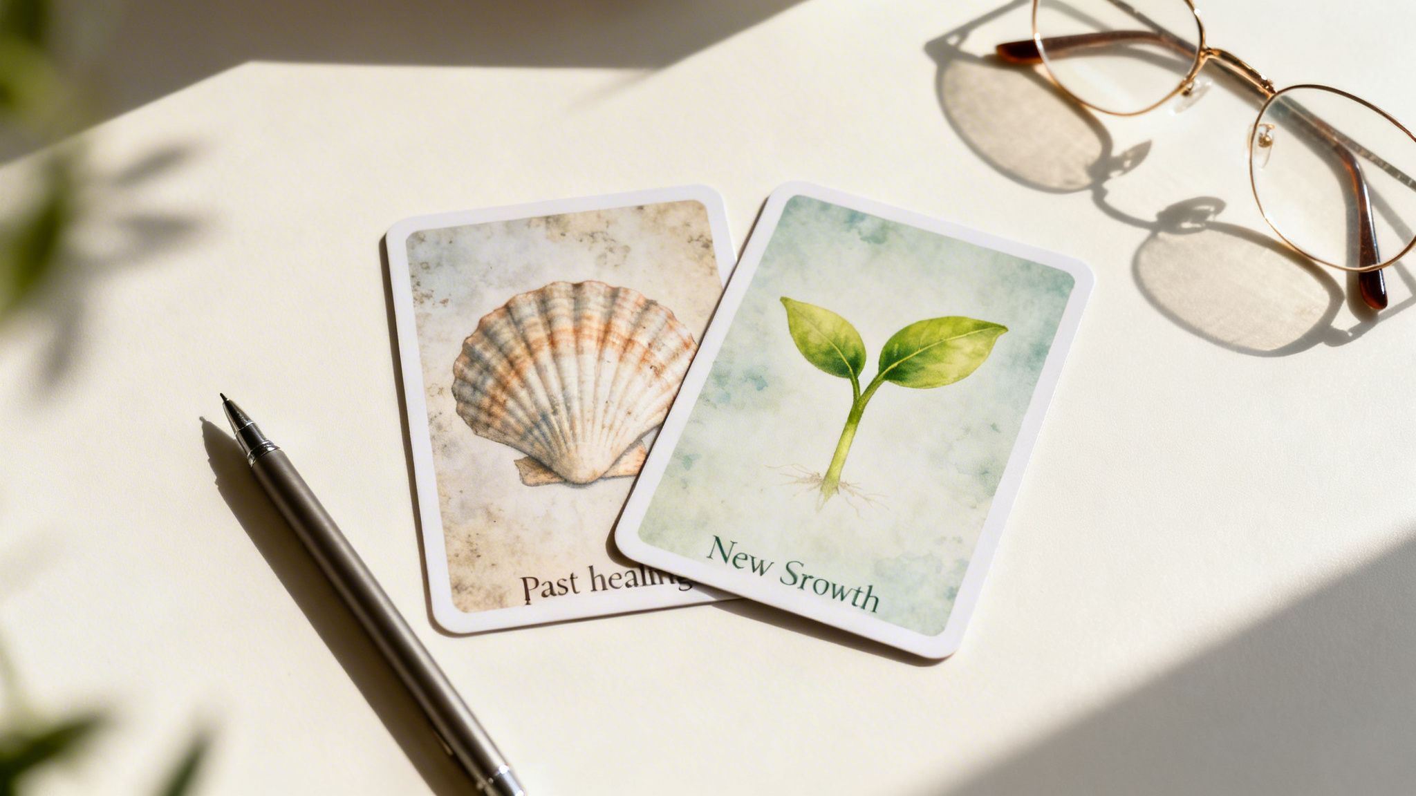 Oracle cards for past healing and new growth, next to a pen and reading glasses.