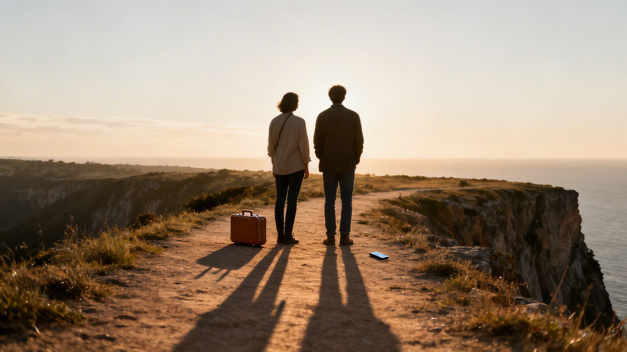 Two people stand on a cliff overlooking the ocean at sunset, with a suitcase and phone.