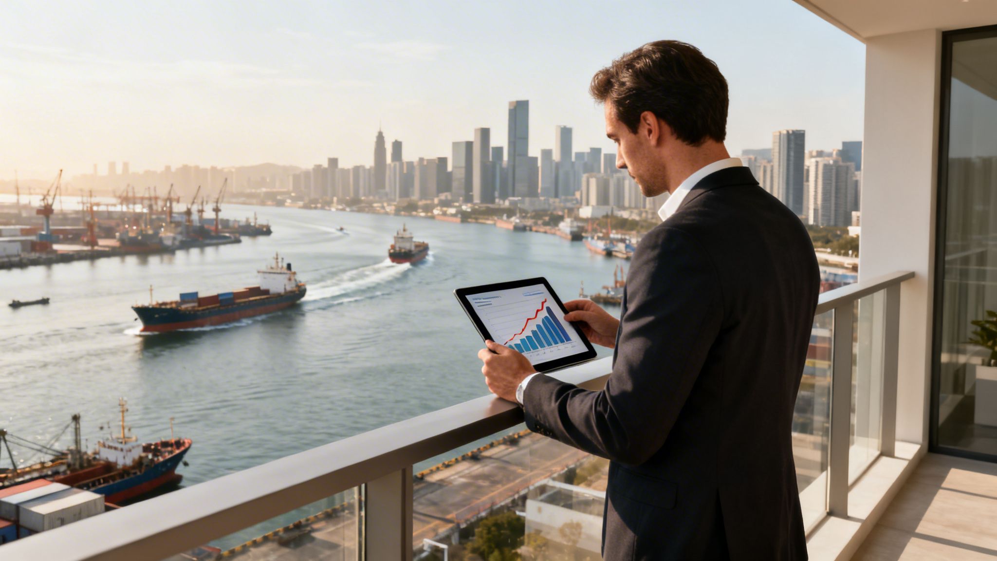 A businessman on a high-rise balcony views a tablet with a growth chart overlooking a bustling port and city.