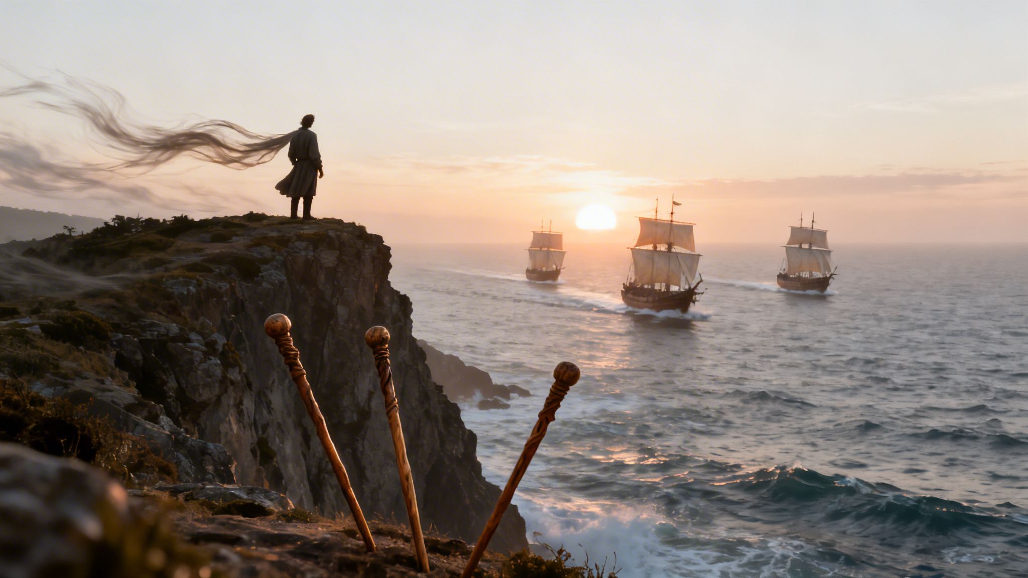 A lone figure on a cliff watches three sailing ships at sunset, with three wands in the foreground.