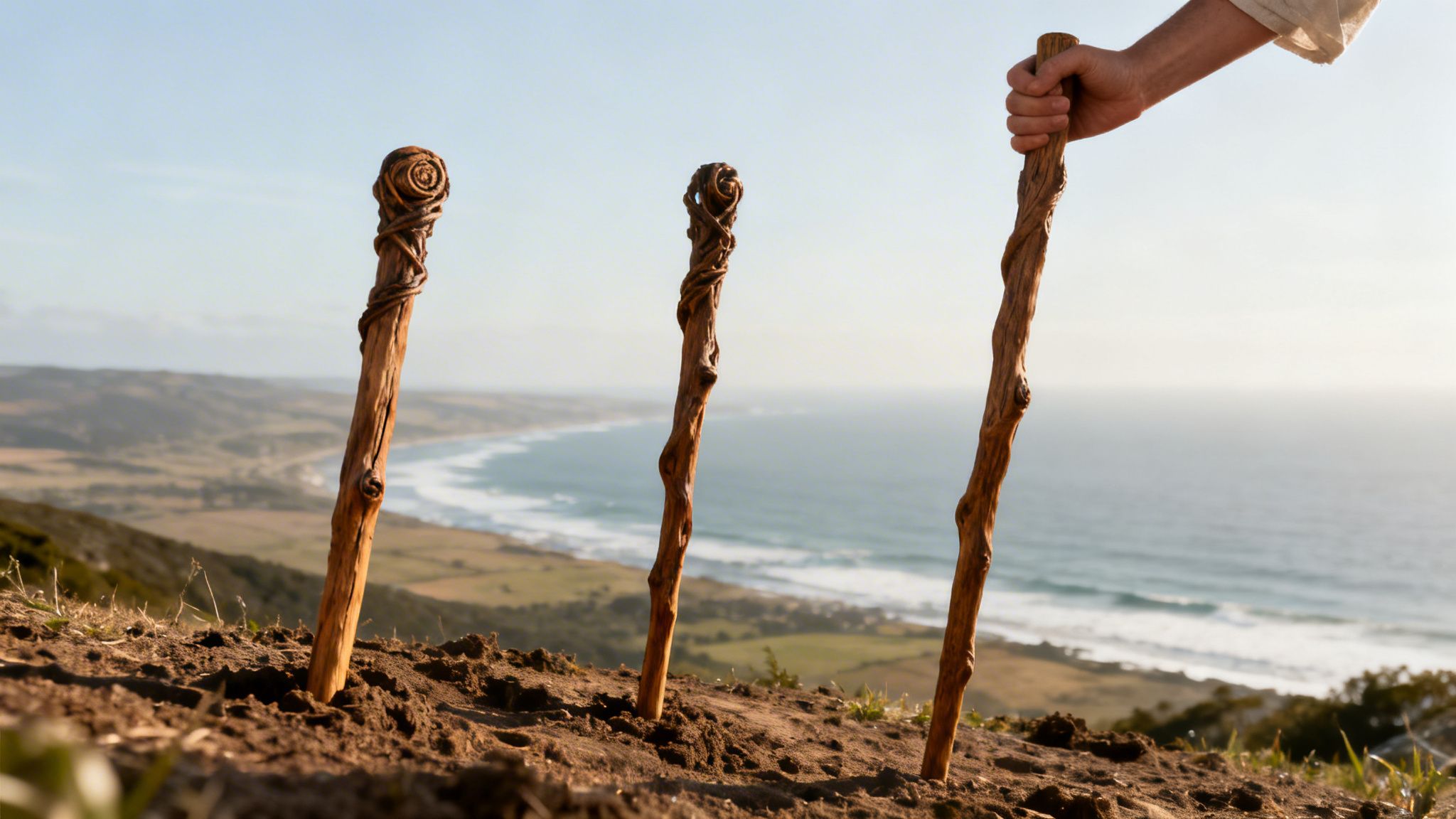 Three rustic wooden staffs standing on a hilltop with a hand holding one, overlooking a scenic ocean coastline.