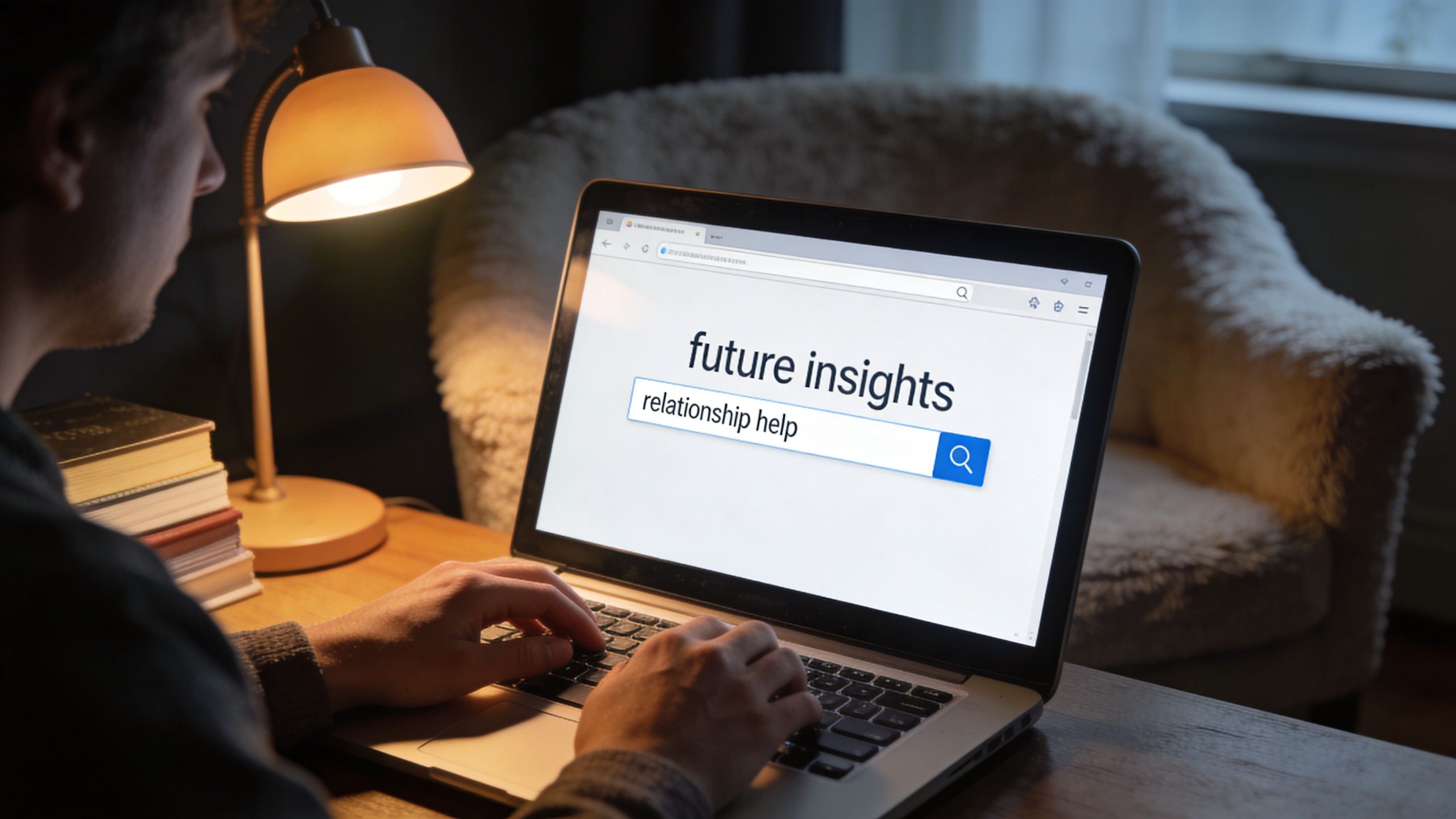 A person using a laptop to search for relationship advice online in a dimly lit room.